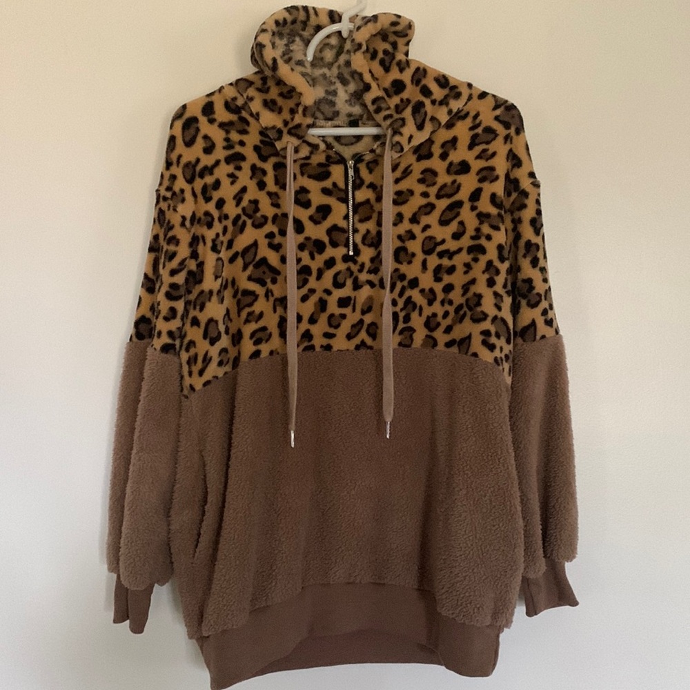 Ladies cheetah print pull over half zip hoodie
